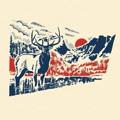 an image of a deer in the wilderness with mountains and trees on it's back