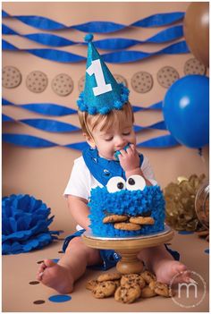 a baby boy sitting on the ground with a cookie monster cake in front of him