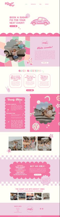 Modern pastel and vibrant website design by The Wonderbrand for The Sugared Bug. Candy car branding and website design. Unique and modern website design. Aesthetic Wix Website, Girly Website Design Inspiration, Candy Website Design, Kawaii Website Design, Y2k Website Design, Funky Website Design, Girly Website Design, Kawaii Website, Cute Website Design