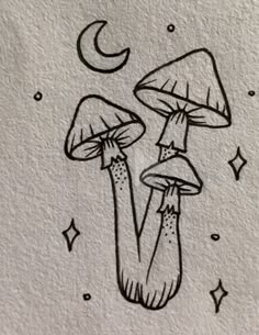 a drawing of two mushrooms with the moon and stars in the sky behind them on paper