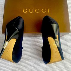 Gucci Cristal Heels,Outside Good Condition, Inside Good Condition,Minor Sing Of Use,,Blk Satin And Cristal Material, Leather Sole,Made Italy Black Gucci Heels With 4-inch Heel, Luxury Gucci Heels With Gold-tone Hardware, Shoes Party, Party Heels, Satin, Women Shoes, Gucci, Italy, Heels