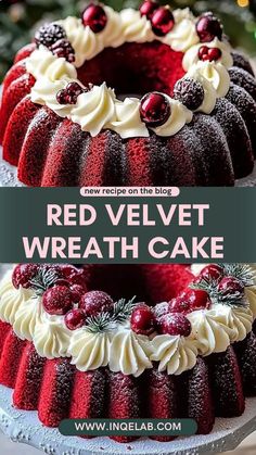 red velvet wreath cake with white frosting and cranberries on top