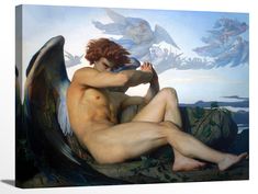 a painting of a naked man sitting on a rock with angels in the sky above