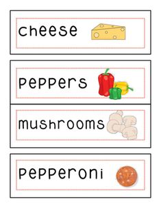 three different types of food and words to use in the word workbook, including cheese, peppers, mushrooms, and pepperoni