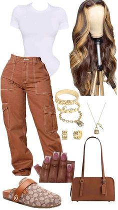 Girly Outfit Ideas For School, Cargo Pants With Sandals, Tan Outfits For Black Women, Brown And Gold Outfit, Cute Outfits With Cargo Pants, Brown Pants Outfit Ideas, Brown Cargo Pants Outfit, Marketing Coordinator, Brown Pants Outfit