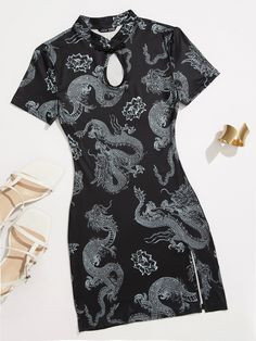 Black Elegant Collar Short Sleeve Fabric Animal,All Over Print Bodycon Embellished Slight Stretch Summer Women Dresses Moda China, Qipao Dress, Dragon Print, Shein Dress, Chinese Dragon, Chinese Dress, Side Split, Ruched Dress, Online Clothing Stores