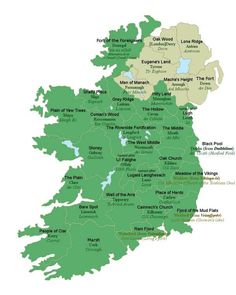 a map of ireland showing the major cities and towns in green, with names on each side