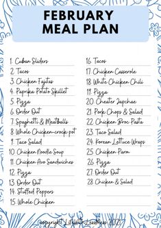 a blue and white printable meal plan with the words,'february meal plan '