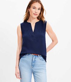 This soft knit top flows from a woven yoke with a flattering split neck, creating a perfect polished-yet-carefree staple. Split neck with tab collar. Sleeveless.,Bullet1:25" long,Imported:Imported,Fit:Fit: Classic — follows your contours with a little room,Length:Length: Regular - hits below natural waist,Fabrication:Knit: 100% Cotton, Woven: 100% Cotton,Garment Care:Machine Washable Loft Crinkle Mixed Media Split Neck Shell Top Size Large Deep Space Blue Women's by Loft Size Regular - L Deep Sp Versatile Summer Top With Split Neck, Versatile Split Neck Top For Summer, Casual Rayon Blouse With Split Neck, Versatile Tops With Split Neck In Solid Color, Versatile Solid Color Tops With Split Neck, Casual Viscose Top With Split Neck, Sleeveless Rayon Top For Work, Casual Stretch Top With Split Neck, Chic Viscose Tops With Split Neck