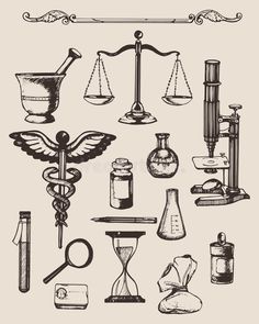 various medical items and equipment in vintage engraving style