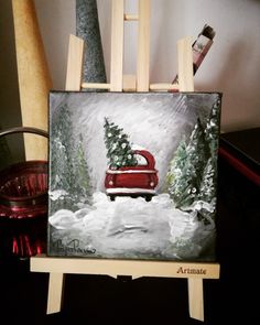 a painting of a red car driving down a snowy road with trees on the back