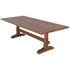 a large wooden table with two legs and a rectangular top, on an isolated white background