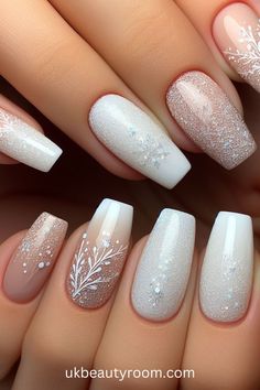 White Formal Nails, Winter Wedding Nails For Bride, Bride Nail Designs, Nails With Pearls On Them, Winter Nails White, Winter Nails Snowflake, Acrylic With Gems, White Winter Nails, Winter Wedding Nails