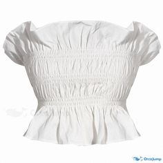 Orcajump - Womens Elegant Solid Color Ruffled Trim Smocked Cropped Tube Top Summer Smocked Ruched Top, White Cotton Ruched Smocked Top, White Ruched Smocked Cotton Top, Cotton Smocked Ruched Stretch Top, White Smocked Top With Ruffles And Stretch, White Stretch Smocked Top With Ruffles, Fitted Smocked Top With Smocked Cuffs For Beach, Cropped Cotton Smocked Top With Ruched Detail, Cropped Ruched Cotton Smocked Top