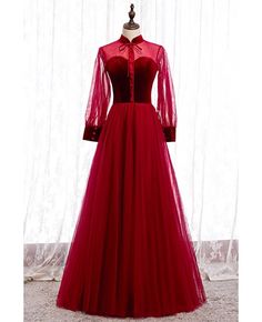 Buy burgundy aline tulle formal dress with collar illusion long sleeves at affordable price online. Free shipping and pro custom service since 2009. Long Sleeve Dress With Illusion Neckline For Prom, Long Sleeve Tulle Gala Dress, Fitted Tulle Gown With Long Sleeves, Long Sleeve Tulle Dress For Gala, Fitted Long Sleeve Tulle Gown, Banquet Evening Dress With Sheer Sleeves, Long Sleeve Evening Dress With Sheer Bodice For Prom, Elegant Long Sleeve Tulle Gown, Long Sleeve Tulle Evening Dress For Prom