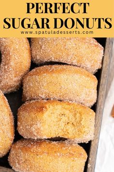 a box full of sugar donuts with the words perfect sugar donuts above it