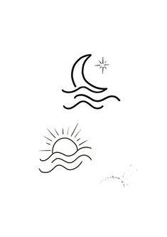 a black and white drawing of the sun over water with waves in front of it