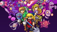 the legend of zelda and her friends are standing in front of a purple background