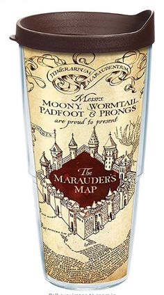 a travel mug with the maradors map on it's side and brown lid