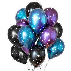 a bunch of black and blue balloons with white stars on them are floating in the air