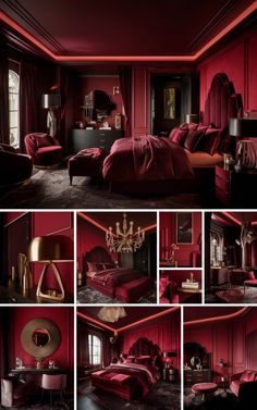 red bedroom with gold accents and chandelier in the corner, dark wood paneled walls