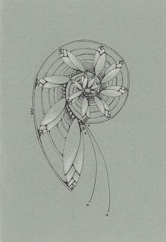 a drawing of a flower on a gray paper with some lines in the middle and one line at the bottom