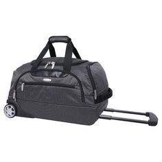 a grey rolling bag with wheels on it