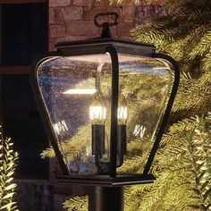 an old fashioned street light with two lights on it's sides next to some plants