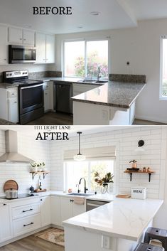 before and after photos of a kitchen remodel with white cabinets, black appliances, and wood floors