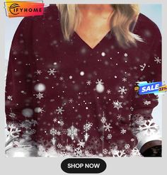 Women's Pullover Sweatshirt Red Sunflower Snowflake Print Long Sleeve Christmas Daily Casual Holiday Christmas V Neck L Red Holiday Tops For Fall, Red Tops For Fall Holiday, Red Tops For Holiday And Fall Season, Red Tops For Holiday In Fall, V-neck Tops For Fall Holiday, V-neck Tops For Holiday In Fall, Red Long Sleeve Christmas Tops, Red Holiday Top For Winter, Red Tops For Winter Holiday