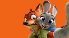 two cartoon characters are hugging each other in front of an orange background with the same character