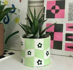 a potted plant sitting on top of a white table next to a pink and black checkered wall