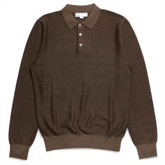 Worn Once! Like New! Menswear. Longsleeve Pique Polo Top. Great For Transitional Seasons. Sold Out Online. Classic Brown Polo Sweater With Ribbed Collar, Fitted Classic Brown Polo Sweater, Classic Brown Polo Shirt For Work, Classic Fitted Brown Polo Sweater, Classic Brown Long Sleeve Polo Sweater, Knit Polo Sweater, Fully Fashioned, Polo Top, Knit Polo