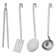 three stainless steel utensils, one with a strainer and the other without