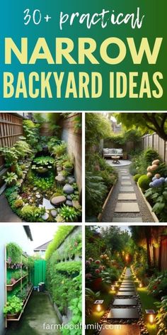 an image of backyard landscaping with the title 30 practical narrow backyard ideas