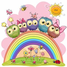 four owls sitting on top of a rainbow with butterflies and flowers in the sky above them