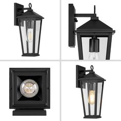 four different views of an outdoor wall light with two lights on each side and one in the middle