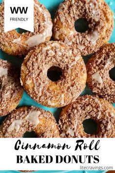 cinnamon roll baked donuts on a blue plate with text overlay that reads, cinnamon roll baked donuts