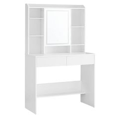 a white desk with a mirror and shelf