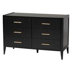 a black dresser with gold handles and drawers on the bottom, against a white background