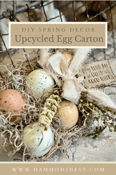 an egg carton with eggs in it and the words diy spring decor upcycled egg carton