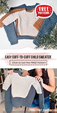 a woman holding up a sweater with the text easy cut - to - off child sweater