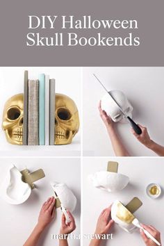 diy halloween skull bookends with gold paint and paper machils to make them look like they're from harry potter