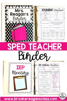 an open binder with the words speed teacher binder written in pink and black