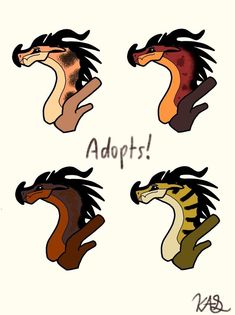 four different colored horse heads with the words adopts written on them in black ink