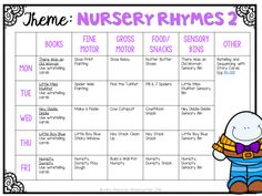 a printable calendar with the names of nursery rhimes and other things to do