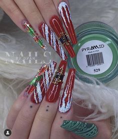 Blingy Christmas Nail Designs, Christmas Nails With Jewels, Christmas Nails Gems Rhinestones, Nails Merry Christmas, Christmas Bling Nails Holidays, Winter Acrylics, Christmas Nail Charms, Nail Designs Trends, Christmas Nails Designs