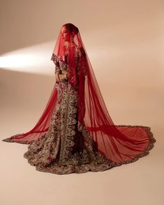 a woman in a red and gold wedding dress with a veil on her head, standing against a white background