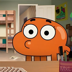 an orange cartoon character holding a pen in front of a computer