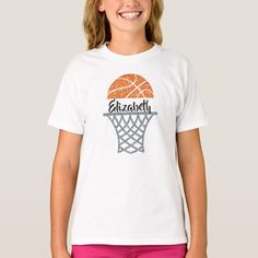 Cute basketball t-shirt that can be personalized with your child's name. Great gift! Baseball Dugout, Top Gifts For Kids, Personalized Basketball, Glitter Shirt, Basketball Hoop, Personalised Kids, Clothes Gift, Sports Shirts, Girls Tshirts